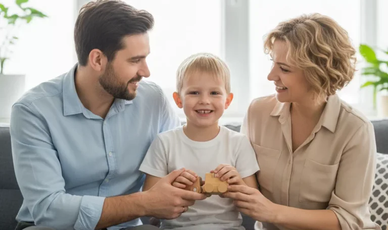 Părinți tineri oferind suport și confort copilului, ilustrând un moment de pregătire pentru vizita la pedodont pentru extracția dinților de lapte.