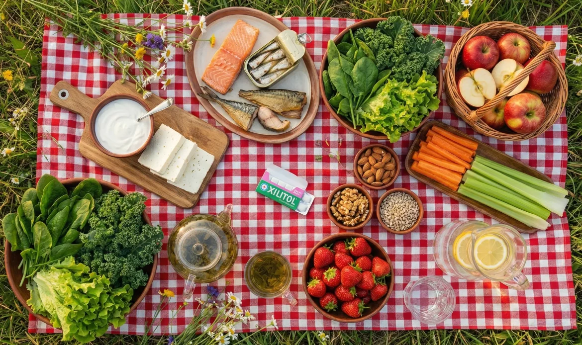 Picnic cu alimente naturale (fructe, legume, lactate) recomandate pentru întărirea smalțului și prevenirea cariilor.