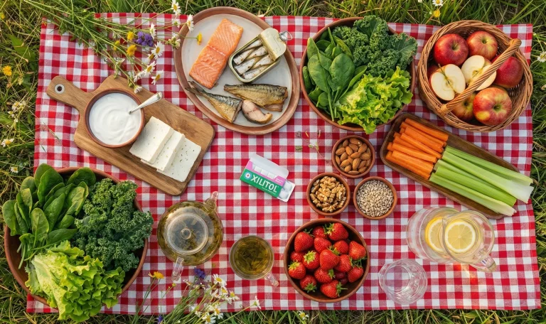 Picnic cu alimente naturale (fructe, legume, lactate) recomandate pentru întărirea smalțului și prevenirea cariilor.