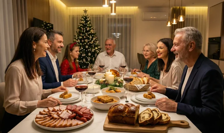 Familie la o masă tradițională de Crăciun românească, cu cozonac cu nucă, sarmale și platou de aperitive – alimente discutate în contextul sănătății orale de sărbători.