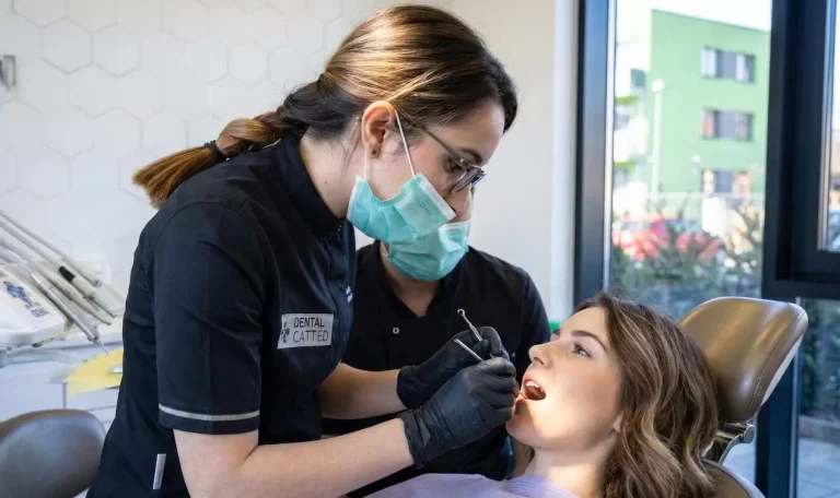 Dr. Ioana Cobalas cu pacient pe scaun in clinica Dental CATTED din Pipera