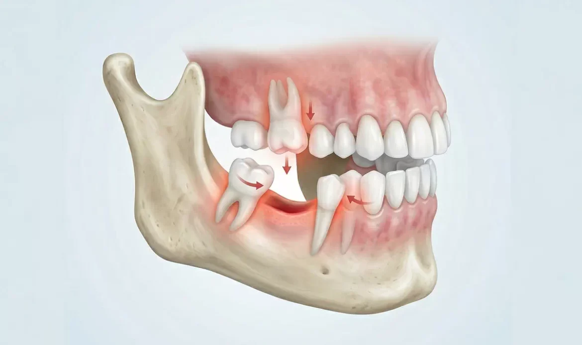 Diagramă explicativă despre efectele unui dinte lipsă, realizată pentru clinica Dental CATTED, evidențiind migrarea dinților și pierderea osoasă.