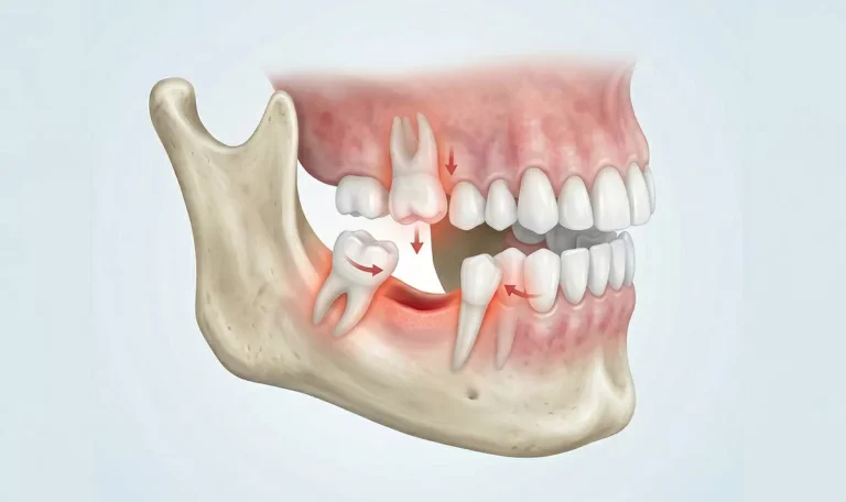 Diagramă explicativă despre efectele unui dinte lipsă, realizată pentru clinica Dental CATTED, evidențiind migrarea dinților și pierderea osoasă.