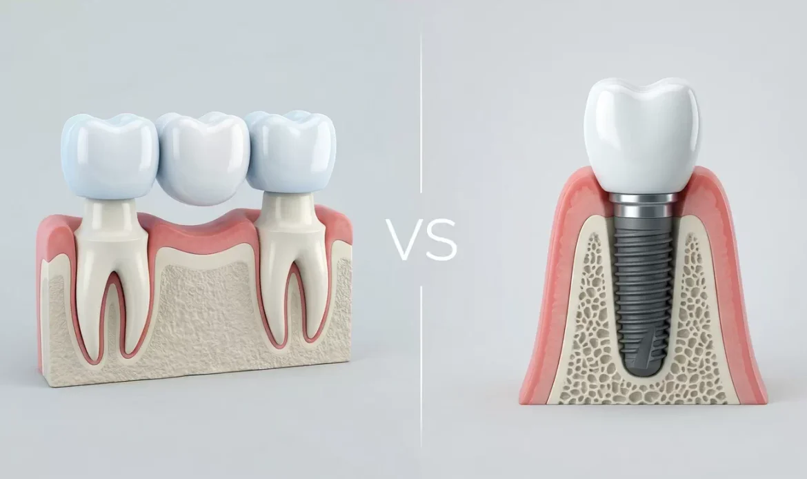 Ilustrație 3D medicală care compară o punte dentară sprijinită pe dinți naturali (stânga) cu un implant dentar din titan integrat în osul maxilar (dreapta), ilustrând opțiunile de înlocuire a dinților lipsă.