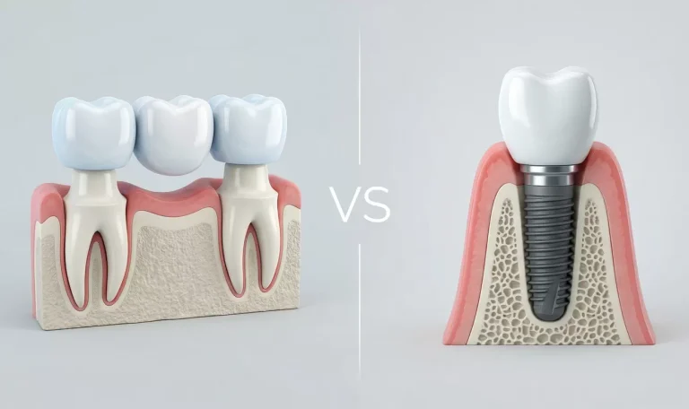 Ilustrație 3D medicală care compară o punte dentară sprijinită pe dinți naturali (stânga) cu un implant dentar din titan integrat în osul maxilar (dreapta), ilustrând opțiunile de înlocuire a dinților lipsă.