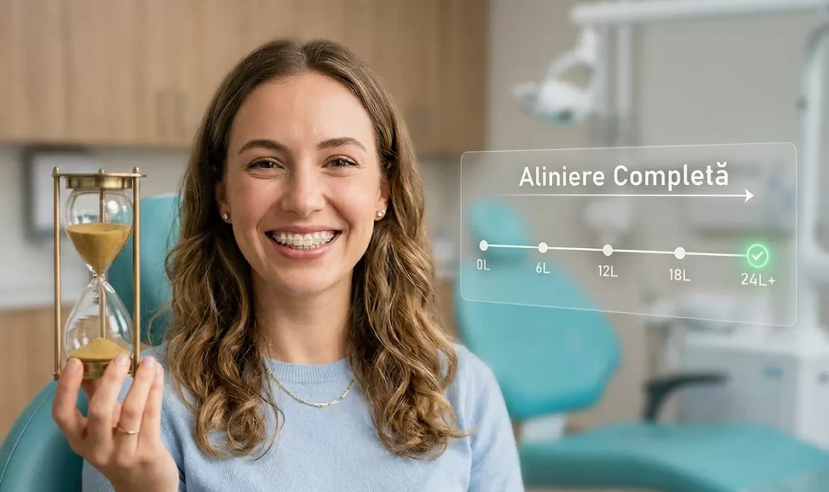 Pacientă zâmbind cu aparat dentar, ținând o clepsidră care simbolizează timpul de tratament ortodontic. În dreapta apare un grafic ce estimează durata purtării aparatului dentar până la 24 de luni pentru alinierea completă a dinților.