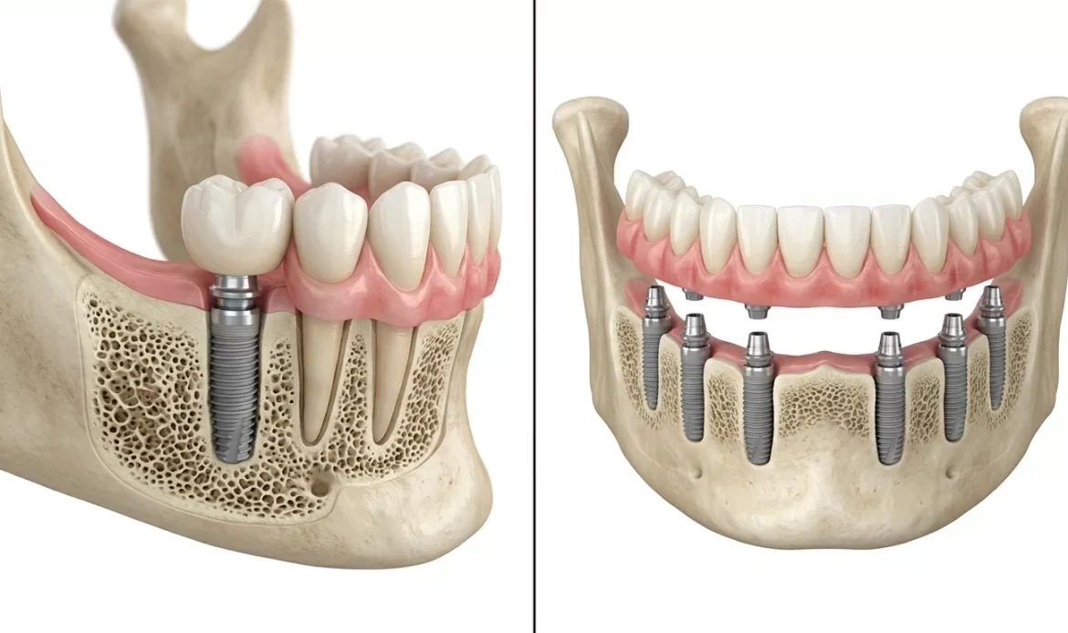 Comparație vizuală între un implant dentar singular și o lucrare protetică pe mai multe implanturi, cu aliniere corectă și distribuție echilibrată a forțelor