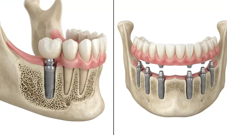 Comparație vizuală între un implant dentar singular și o lucrare protetică pe mai multe implanturi, cu aliniere corectă și distribuție echilibrată a forțelor