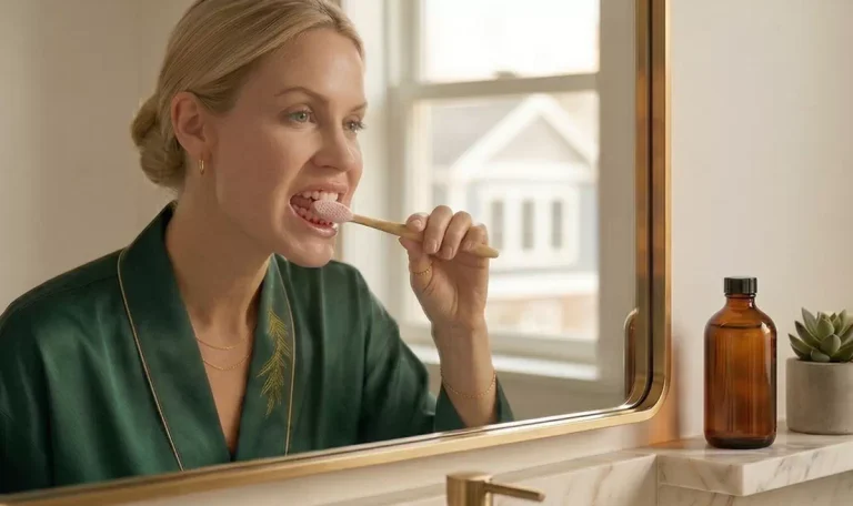 Femeie care se spală pe dinți, cu urme de sânge între gingii și dinți, ilustrând sângerările gingivale cauzate de inflamație
