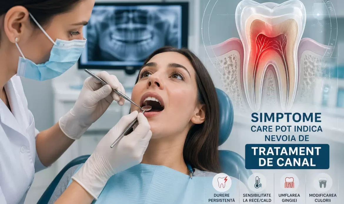 Dentist care examinează un pacient, cu ilustrație a unui dinte în secțiune ce evidențiază inflamația nervului și simptomele care pot indica necesitatea unui tratament de canal.