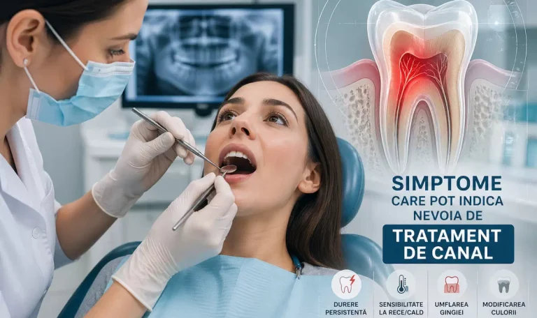 Dentist care examinează un pacient, cu ilustrație a unui dinte în secțiune ce evidențiază inflamația nervului și simptomele care pot indica necesitatea unui tratament de canal.