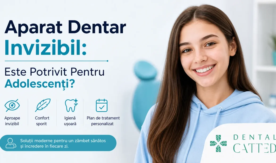 Aparat dentar invizibil pentru adolescenți – gutieră transparentă ținută de o adolescentă la Dental CATTED