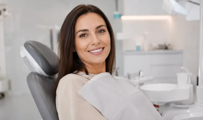 Cât Costă Un Implant Dentar? Ce Primești și Cum Alegi Corect Pacientă adultă zâmbitoare, așezată confortabil pe scaunul stomatologic într-o clinică dentară modernă, luminoasă și elegantă, cu fundal discret blurat și atmosferă calmă și premium.