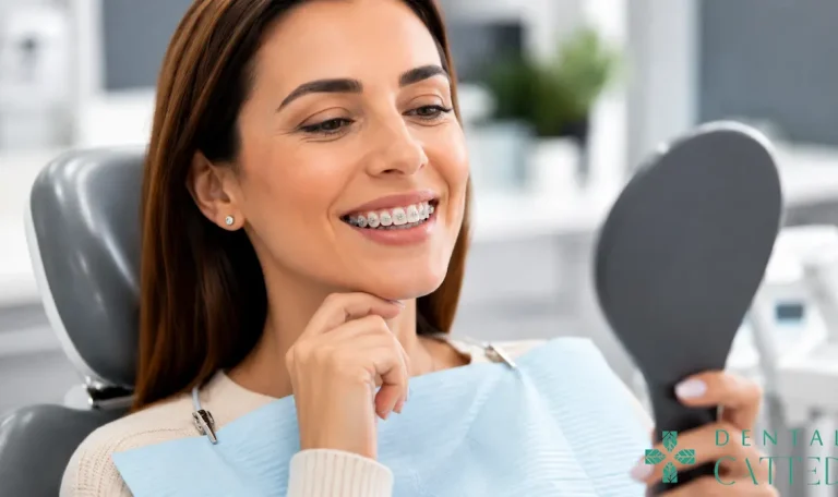 Femeie adultă cu aparat dentar zâmbind și privindu-și dinții într-o oglindă, în timpul unei consultații ortodontice la Dental CATTED.