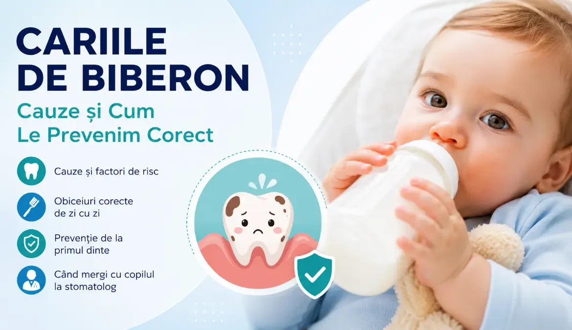 Bebeluș care bea lapte din biberon, ilustrație despre cariile de biberon și prevenirea problemelor dentare la copiii mici.