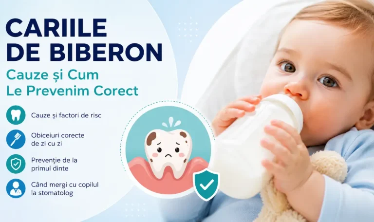 Bebeluș care bea lapte din biberon, ilustrație despre cariile de biberon și prevenirea problemelor dentare la copiii mici.