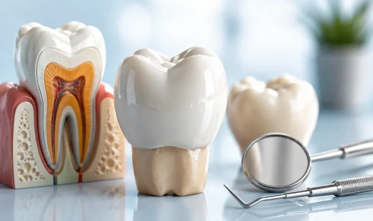 Coroană dentară ceramică cu aspect natural utilizată pentru restaurarea unui dinte deteriorat.