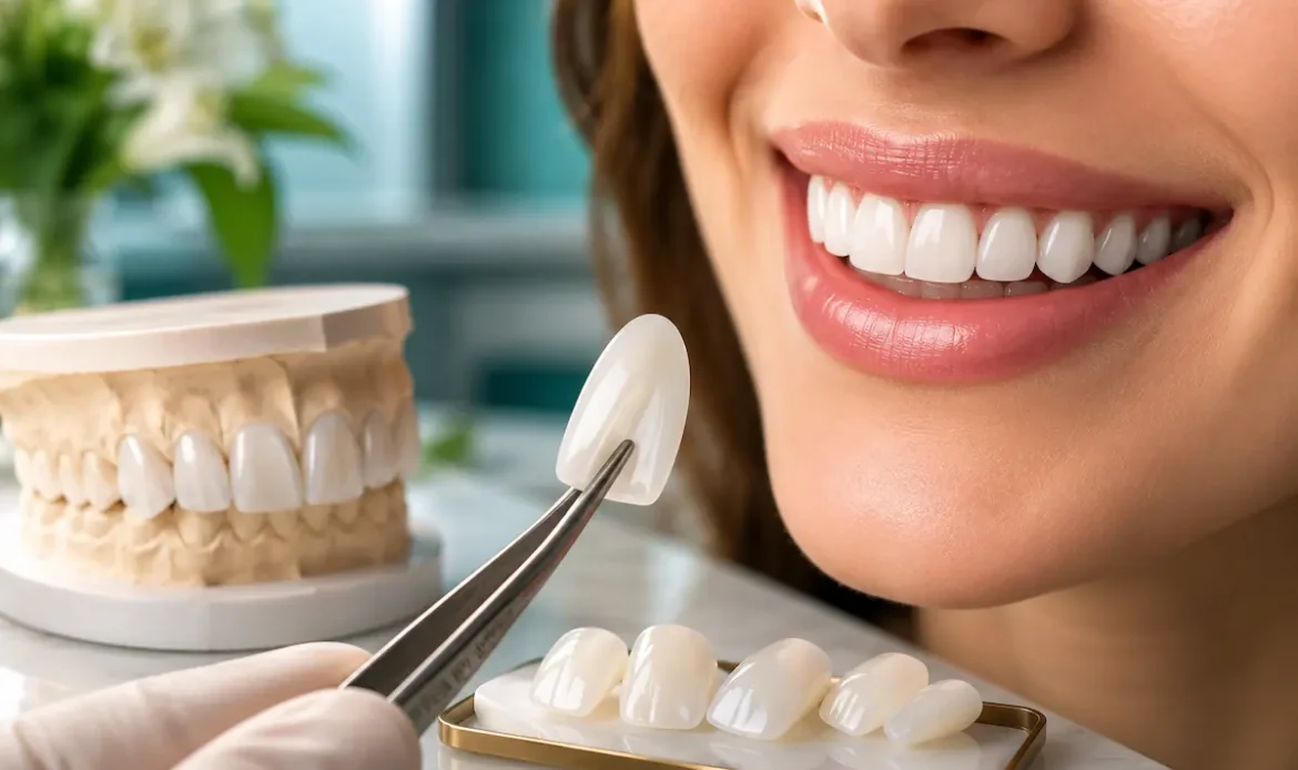 Fațete dentare din zirconiu prezentate alături de un zâmbet estetic și un model dentar, într-un cadru modern de clinică stomatologică.
