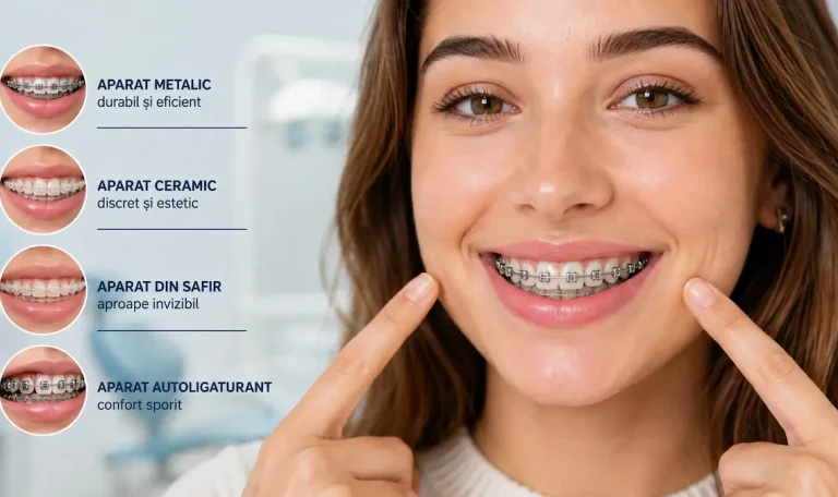 Aparat dentar fix metalic, ceramic, din safir și autoligaturant – principalele tipuri de aparate ortodontice.