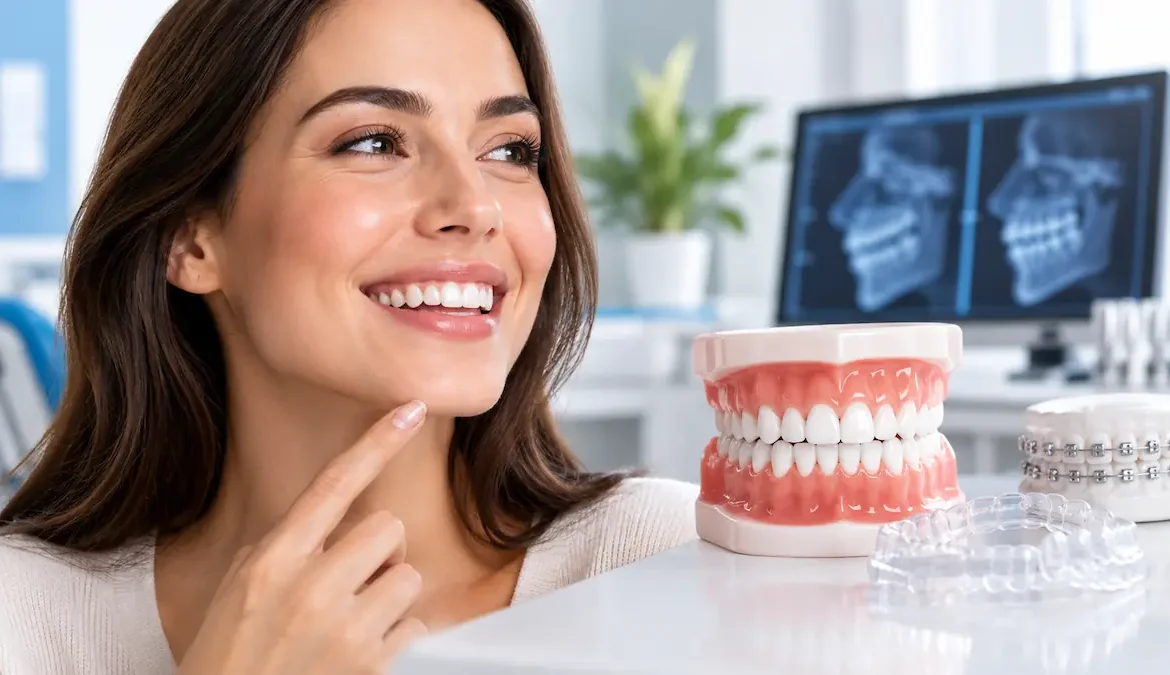 Mușcătura Corectă: De Ce Contează Pentru Sănătatea Ta Dentară Pacientă zâmbind într-un cabinet stomatologic, alături de modele dentare, aparat dentar fix și alignere transparente