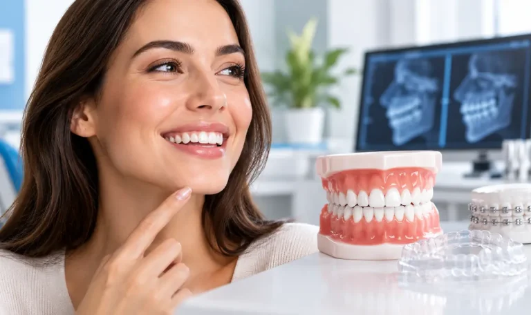 Mușcătura Corectă: De Ce Contează Pentru Sănătatea Ta Dentară Pacientă zâmbind într-un cabinet stomatologic, alături de modele dentare, aparat dentar fix și alignere transparente