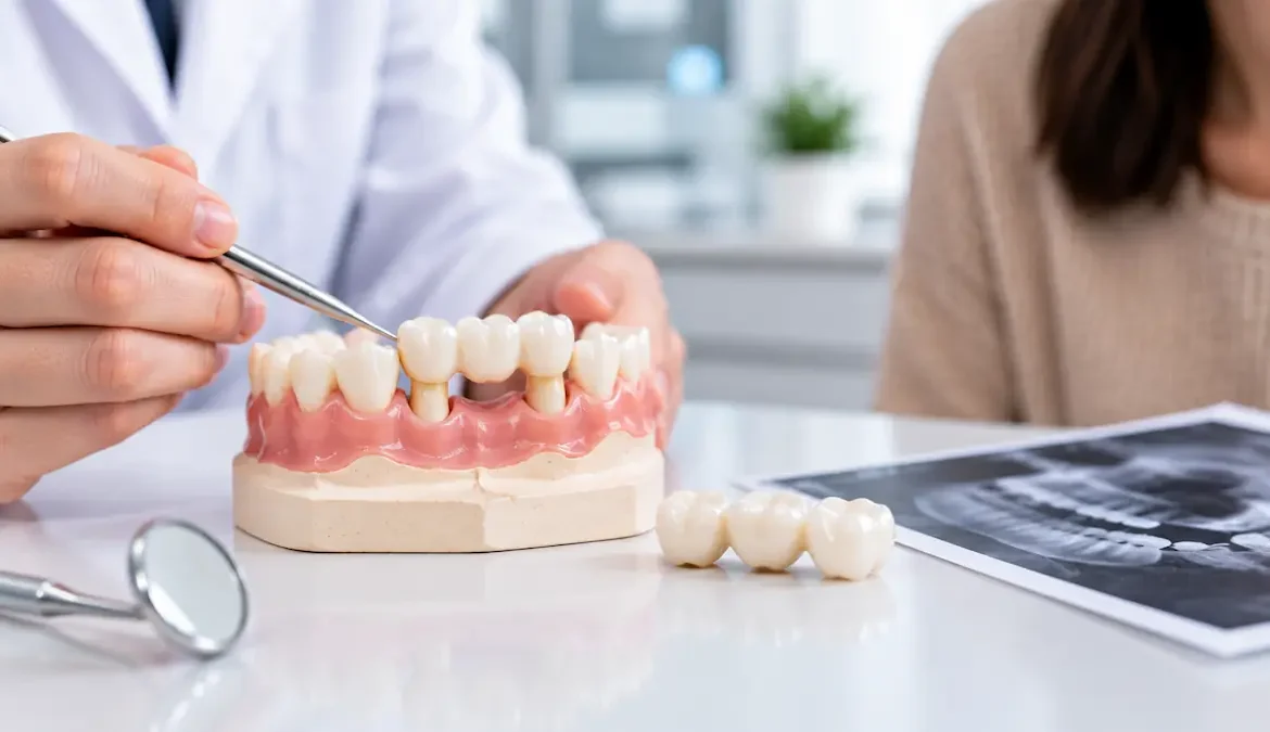 Când Și De Ce Trebuie Înlocuită O Punte Dentară Veche Medic stomatolog evaluând o punte dentară pe un model dentar, într-un cabinet stomatologic modern