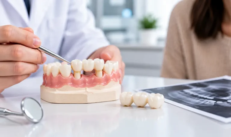 Medic stomatolog evaluând o punte dentară pe un model dentar, într-un cabinet stomatologic modern