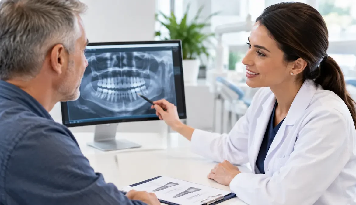 Pacient discutând cu medicul stomatolog despre tratamentul cu implanturi, în timp ce analizează o radiografie dentară într-un cabinet modern
