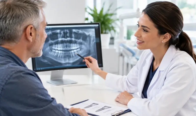 Pacient discutând cu medicul stomatolog despre tratamentul cu implanturi, în timp ce analizează o radiografie dentară într-un cabinet modern