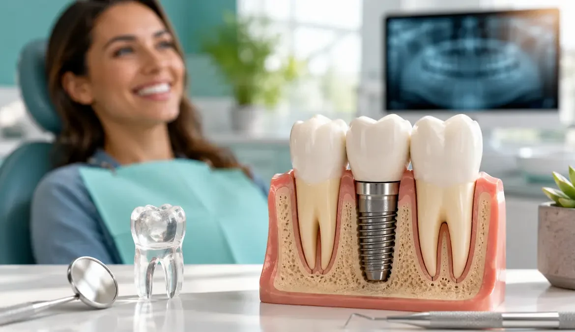 Model dentar cu implant și coroană definitivă, într-o clinică stomatologică modernă, cu pacientă zâmbitoare în fundal.