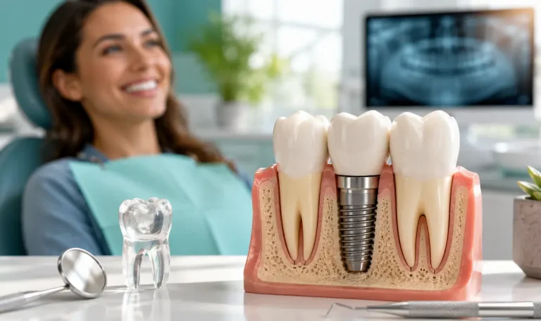 Model dentar cu implant și coroană definitivă, într-o clinică stomatologică modernă, cu pacientă zâmbitoare în fundal.