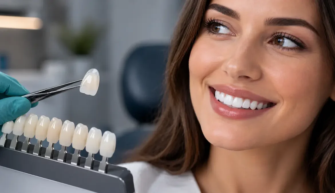 Pacientă zâmbind în timpul unei consultații de estetică dentară, alături de fațete ceramice și mostre pentru alegerea nuanței dentare