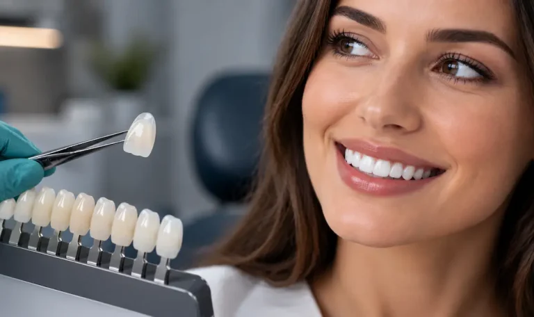 Pacientă zâmbind în timpul unei consultații de estetică dentară, alături de fațete ceramice și mostre pentru alegerea nuanței dentare