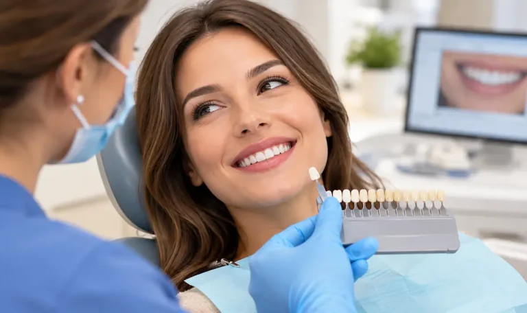 Medic stomatolog care compară nuanțele dintr-un ghid de culori cu dinții unei paciente zâmbitoare, cu o imagine a zâmbetului pe monitor, la planificarea fațetelor dentare