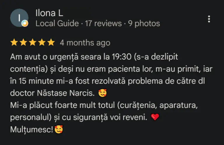 Am avut o urgență seara la 19:30 (s-a dezlipit contenția) și deși nu eram pacienta lor, m-au primit, iar în 15 minute mi-a fost rezolvată problema de către dl doctor Năstase Narcis. 🥰 Mi-a plăcut foarte mult totul (curățenia, aparatura, personalul) și cu siguranță voi reveni. ❤️ Mulțumesc!🥰