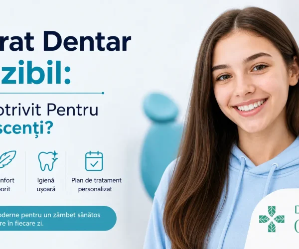 Aparat dentar invizibil pentru adolescenți – gutieră transparentă ținută de o adolescentă la Dental CATTED