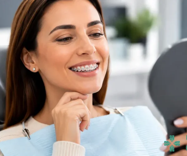 Femeie adultă cu aparat dentar zâmbind și privindu-și dinții într-o oglindă, în timpul unei consultații ortodontice la Dental CATTED.
