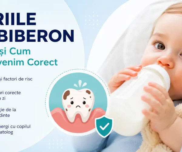 Bebeluș care bea lapte din biberon, ilustrație despre cariile de biberon și prevenirea problemelor dentare la copiii mici.