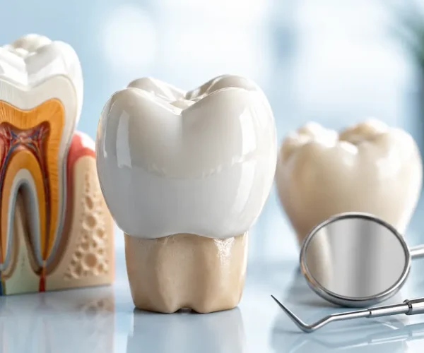 Coroană dentară ceramică cu aspect natural utilizată pentru restaurarea unui dinte deteriorat.