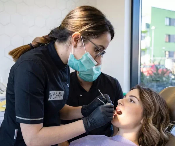 Dr. Ioana Cobalas cu pacient pe scaun in clinica Dental CATTED din Pipera