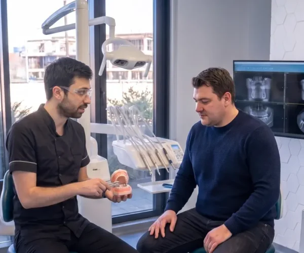 Dr. Matei Ionescu explicand unui pacient Dental CATTED analizele necesare pentru implant dentar.
