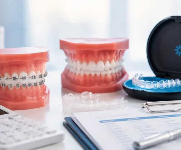 Modele de aparat dentar fix și alignere transparente pe un birou într-un cabinet stomatologic, ilustrând principalele opțiuni de tratament ortodontic.