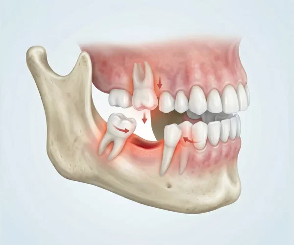 Diagramă explicativă despre efectele unui dinte lipsă, realizată pentru clinica Dental CATTED, evidențiind migrarea dinților și pierderea osoasă.