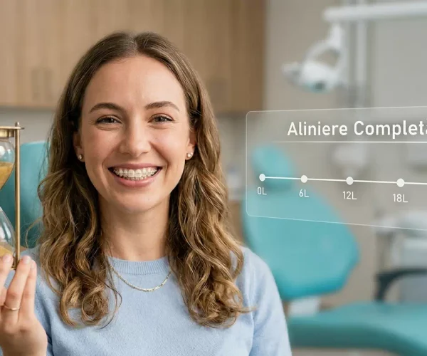 Pacientă zâmbind cu aparat dentar, ținând o clepsidră care simbolizează timpul de tratament ortodontic. În dreapta apare un grafic ce estimează durata purtării aparatului dentar până la 24 de luni pentru alinierea completă a dinților.