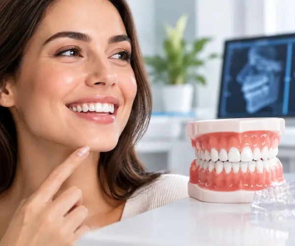 Pacientă zâmbind într-un cabinet stomatologic, alături de modele dentare, aparat dentar fix și alignere transparente