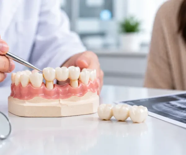 Medic stomatolog evaluând o punte dentară pe un model dentar, într-un cabinet stomatologic modern