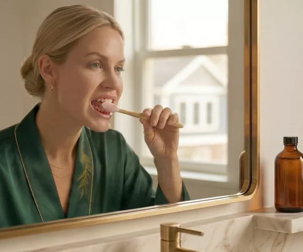 Femeie care se spală pe dinți, cu urme de sânge între gingii și dinți, ilustrând sângerările gingivale cauzate de inflamație