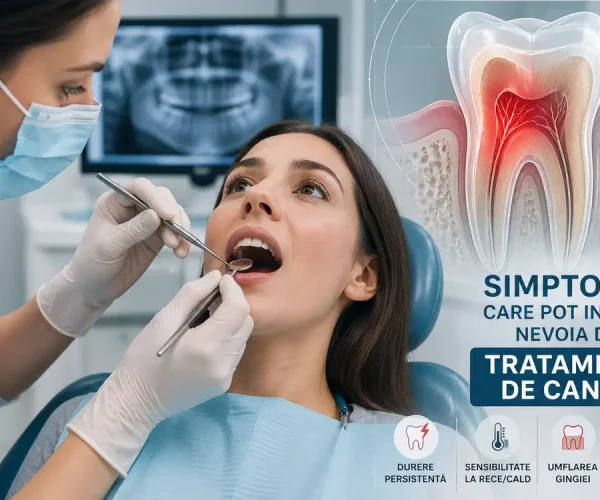 Dentist care examinează un pacient, cu ilustrație a unui dinte în secțiune ce evidențiază inflamația nervului și simptomele care pot indica necesitatea unui tratament de canal.