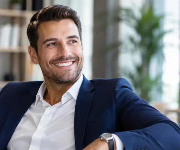 Bărbat profesionist zâmbind într-un birou modern, ilustrând beneficiile restaurării dentare complete cu implanturi și recâștigarea încrederii în sine.