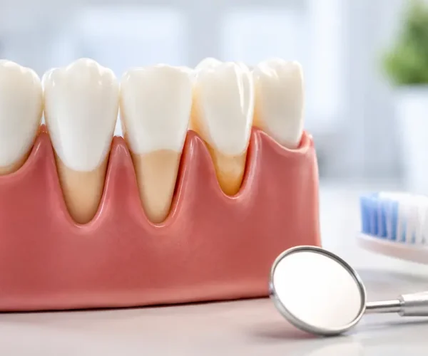 Model dentar care ilustrează retracția gingivală, cu rădăcini dentare parțial expuse și instrumente stomatologice pe fundal.